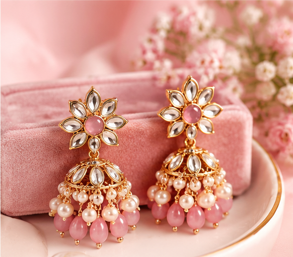 Elegant gold and pink stone earrings on blush satin