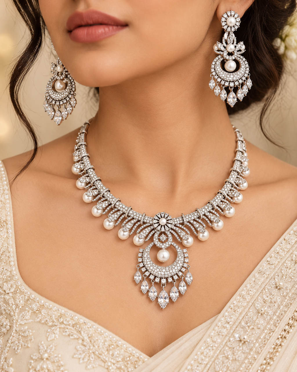 Silver Pearl Crystal Necklace Set