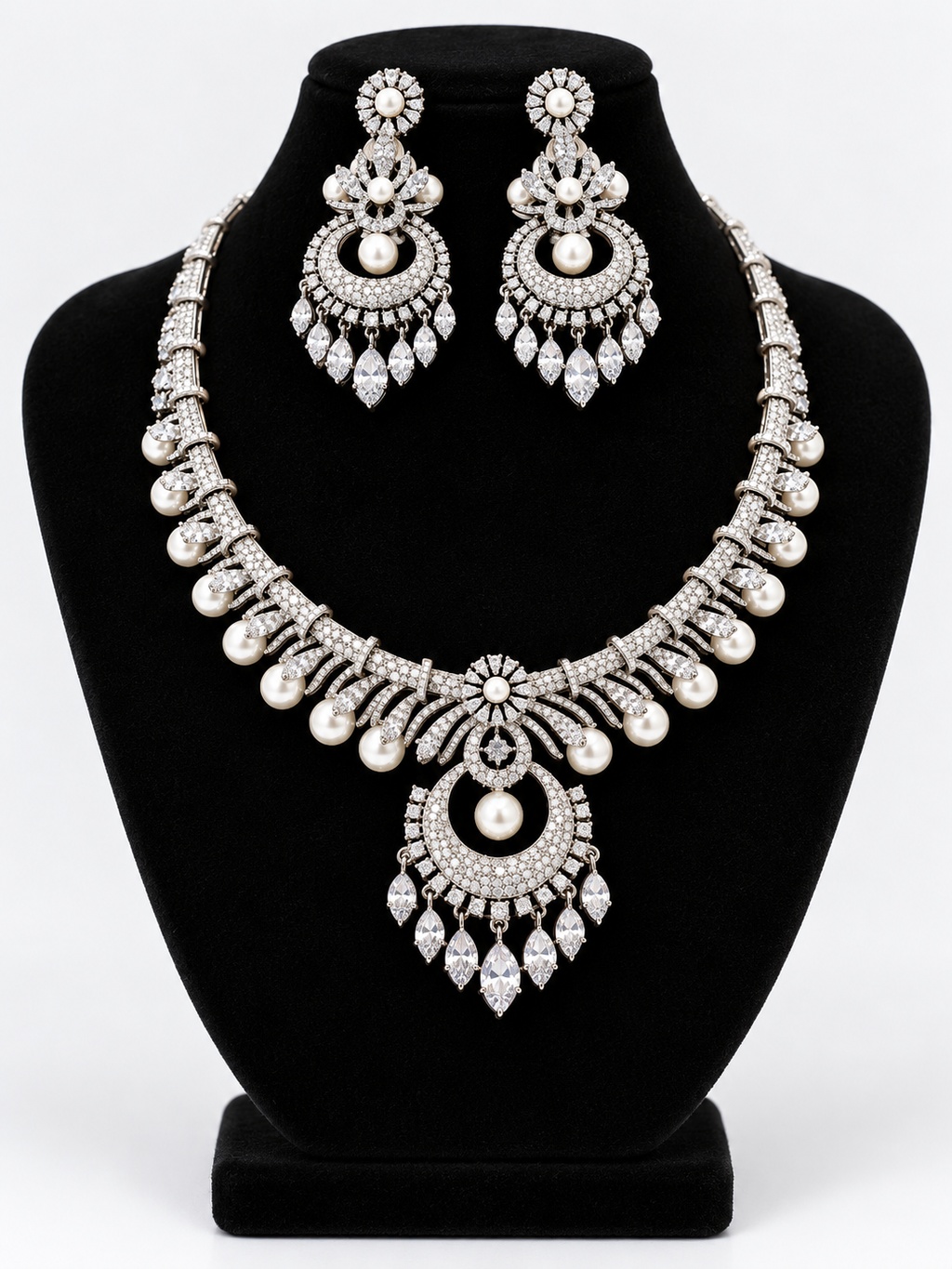 Silver Pearl Crystal Necklace Set