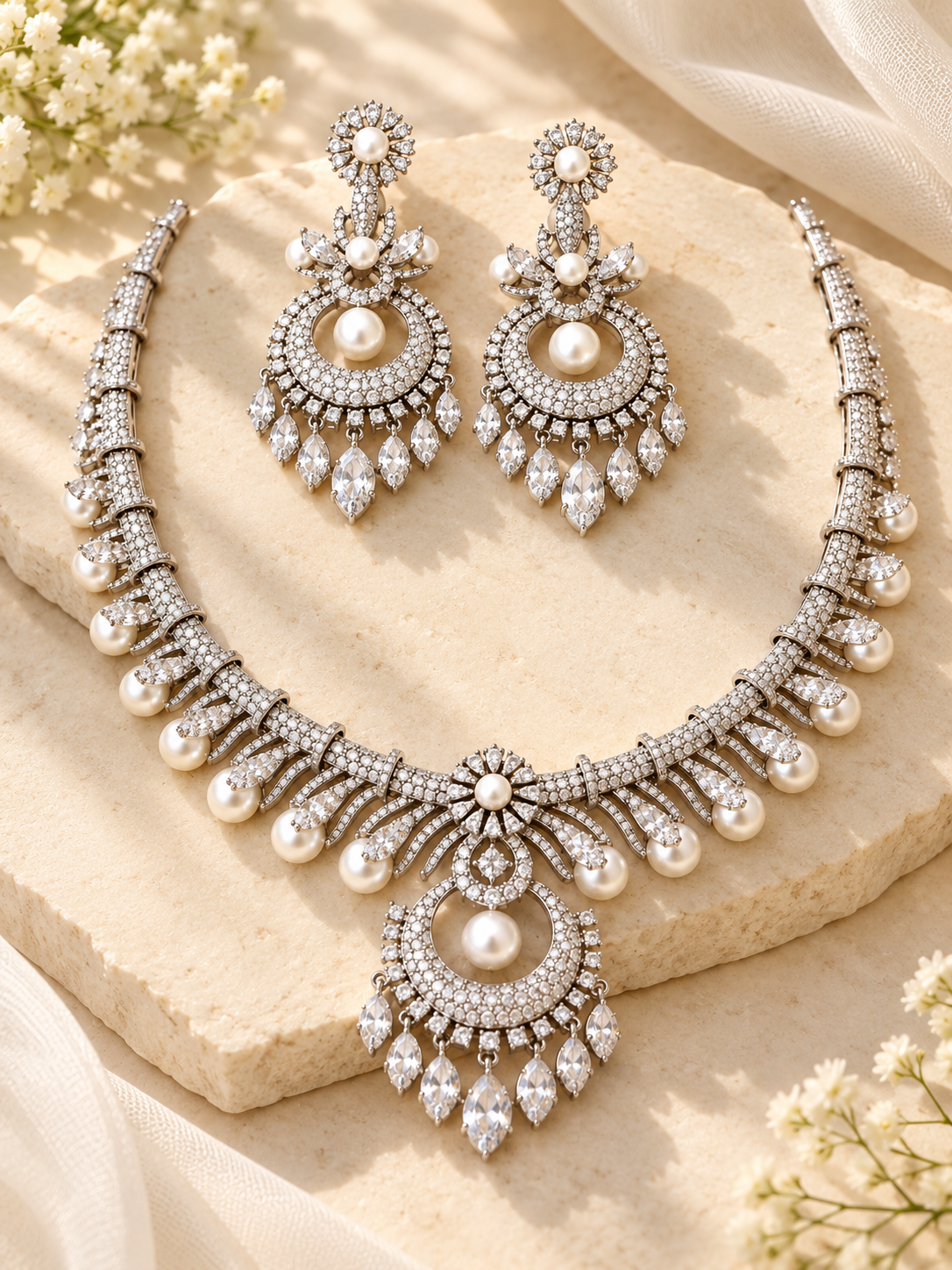Silver Pearl Crystal Necklace Set