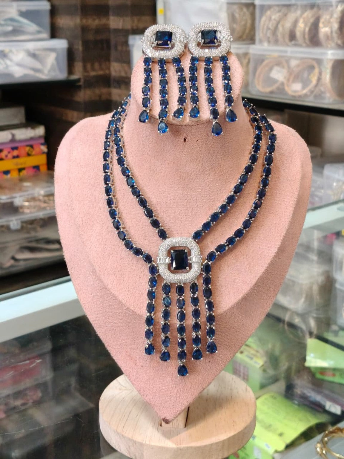 Multicolour gemstone silver-tone statement necklace and earrings